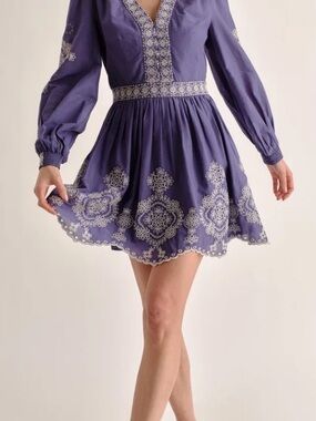 Embroidered Purple Long-Sleeve Mini Dress